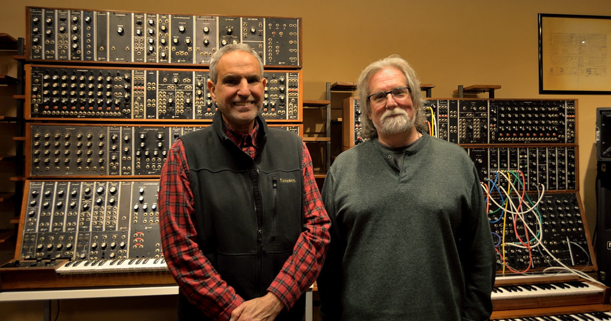 Vince Pupillo Sr & Drew Raison of EMEAPP in front of Two Moog Modular Synthesizers. Photo Jeff Towne