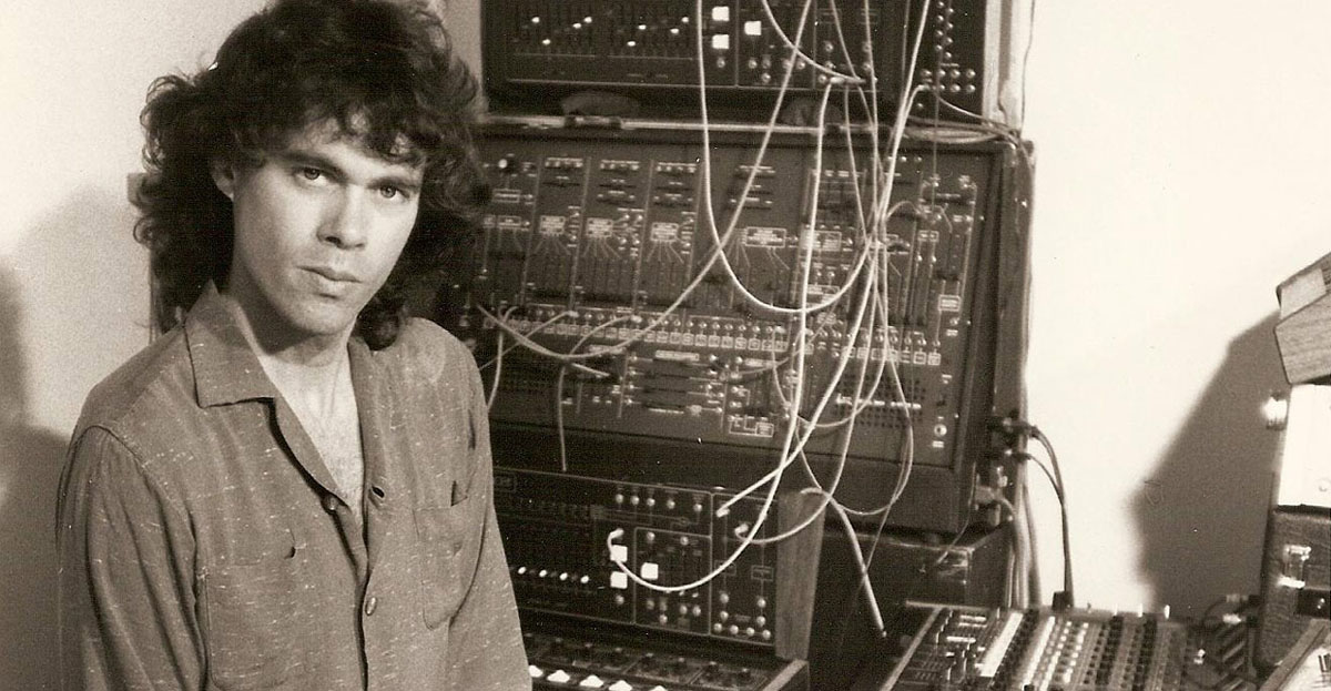 Steve Roach in studio surrounded by synthesziers.