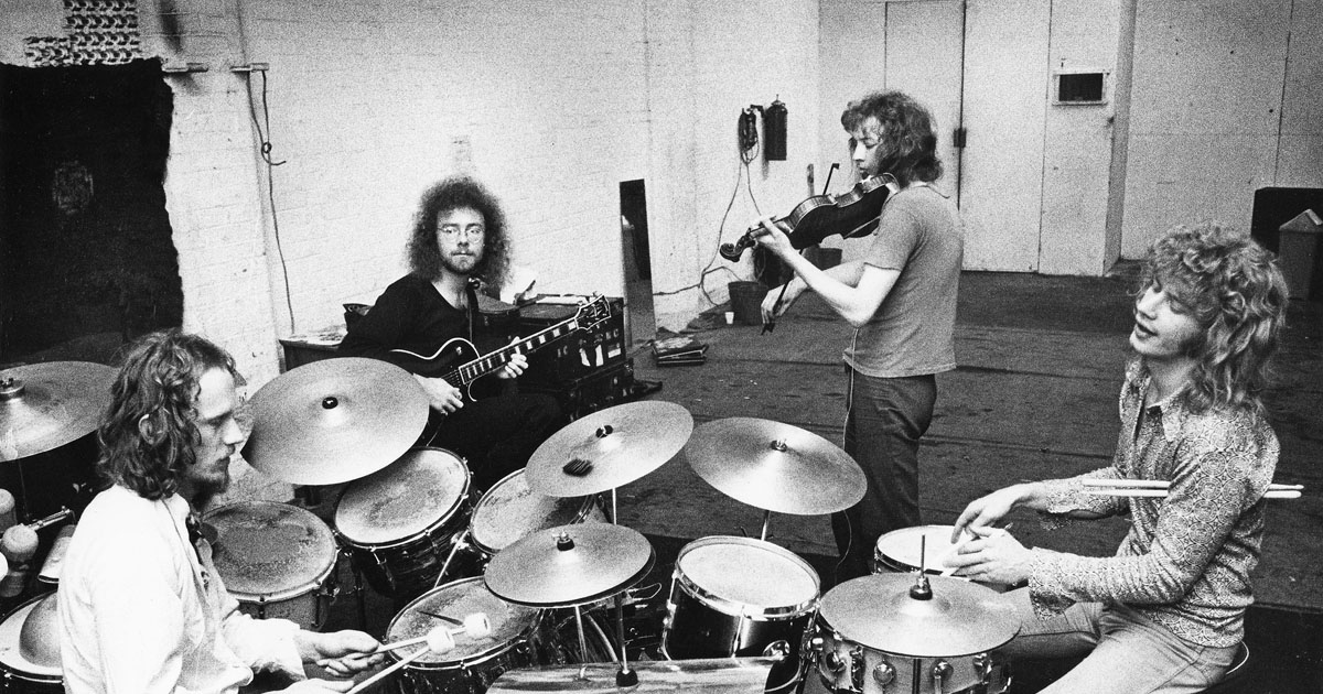 King Crimson: Jamie Muir, Robert Fripp, David Cross, Bill Bruford Image by Barrie Wentzell